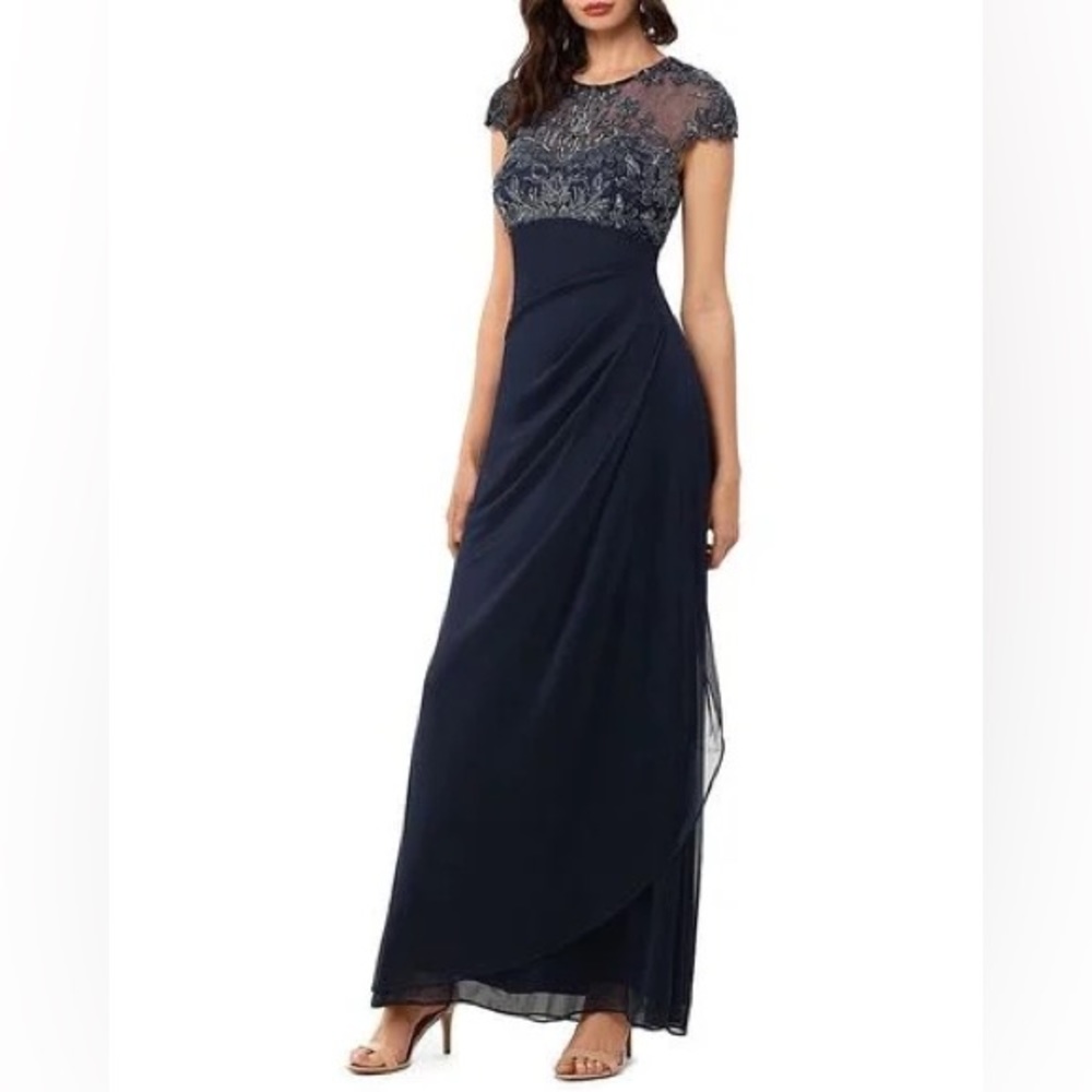Xscape Dress Navy Blue Illusion Beaded Chiffon Ruched Gown NWT Formal